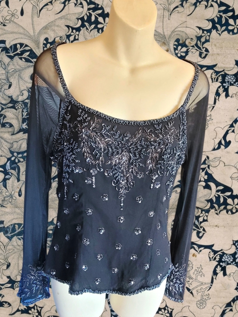 Laurence Kazar Beaded Sheer Top Medium Black Mesh Long Sleeve Embellished Evenin